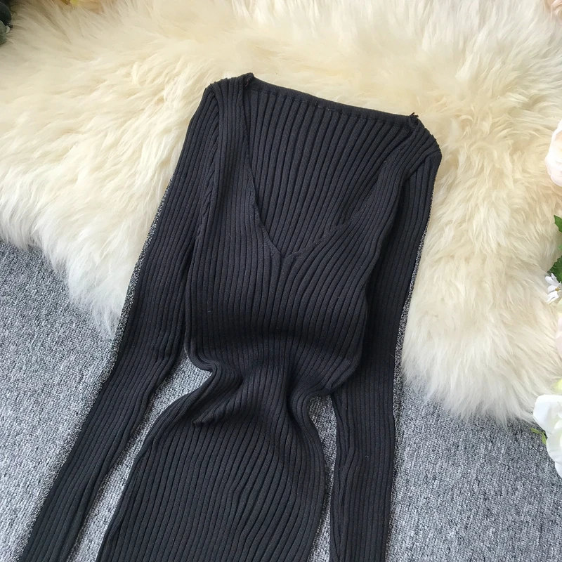ALPHALMODA женское осеннее сексуальное трикотажное платье в полоску с глубоким v-образным вырезом и длинными рукавами, однотонное эластичное женское платье