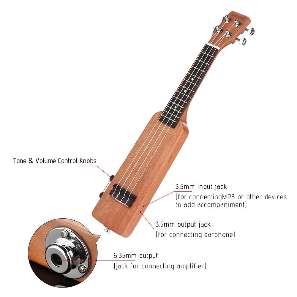 ammoon Creative 21" Solid Wood Okoume Electric Ukulele Uke with 3.5mm& 6.35mm Outputs Including Carrying Bag 4pcs Extra Strings