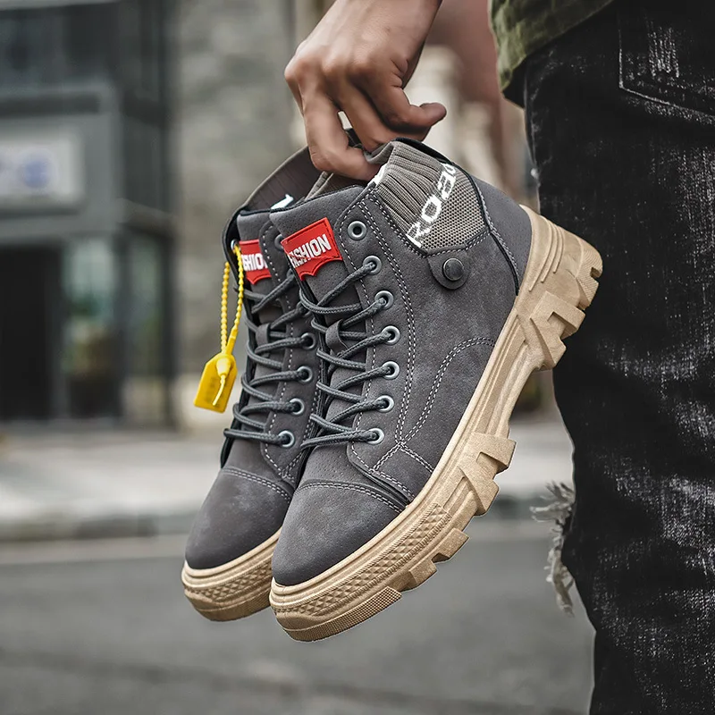 Gray Зимние сапоги Для мужчин модные Повседневное теплые Мужские зимние сапоги на шнуровке из Высокие ботильоны Для мужчин зимние уличные рабочие теплые Мужские ботинки - Цвет: Gray