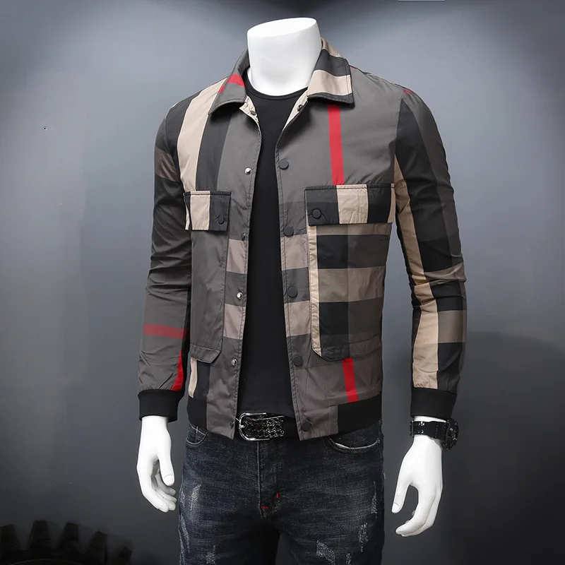 

2019 Spring And Autumn Large Size Shirt Collar Jacket Plaid Stripes Coat Fold-down Collar Slim Fit MEN'S Coat Popular Brand Men'