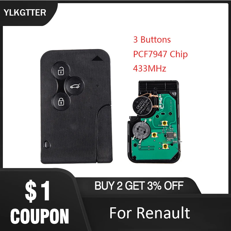 YLKGTTER 3 Buttons Emergency Smart Remote Car Key For Renault Megane 2 Scenic Card II Grand Clio with 433Mhz Chip PCF7947 Suit | Автомобили