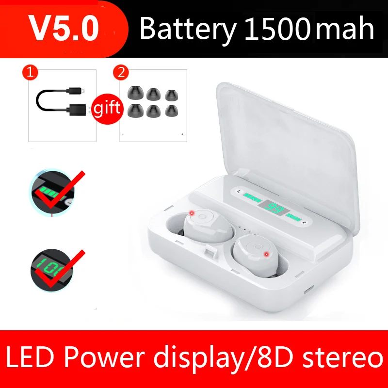 LED power display V5.0 TWS беспроводные Bluetooth наушники HD 8D стерео наушники с шумоподавлением игровая гарнитура с микрофоном 1500 мАч Внешний аккумулятор - Цвет: LED power display