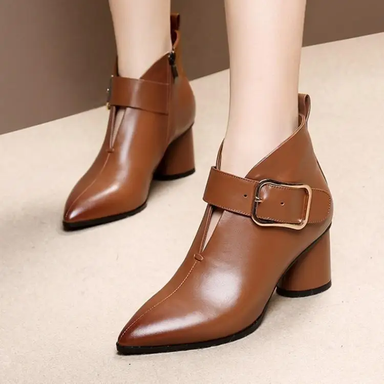 

Autumn and winter boots female thick heel high heel short belt buckle Martin boot tip and naked boot layer cowhide 6cm