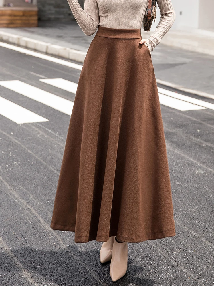 

Autumn Winter Solid Elegant Long Skirt For Women High Waist A-Line Vintage Back Elastic Wasit Women's Wool Skirt Black Khaki