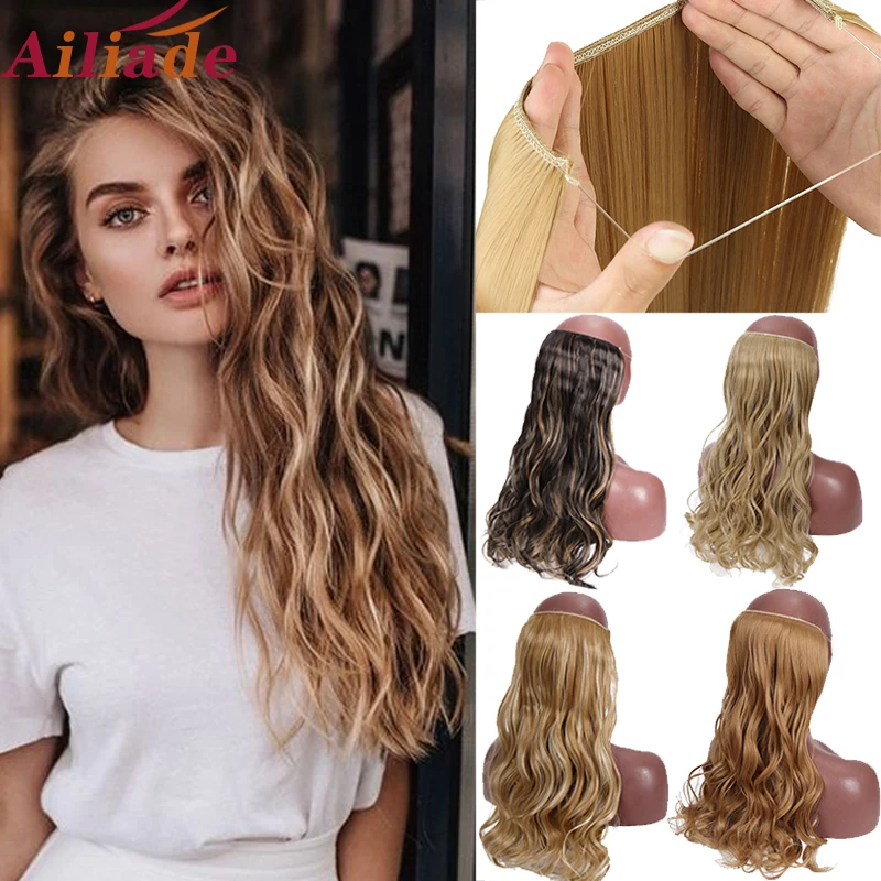 samen Heerlijk gebaar Ailiade Donker Bruin Licht Bruin Twee Tone Natuurlijke Krullend Haar  Extensions Onzichtbare Vis Lijn Geen Clips In Hair Extensions  haarstukje|Synthetische Clip-in één stuk| - AliExpress