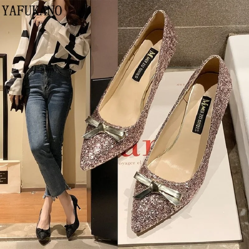 

Ladies Bridesmaid Pumps Fashion Sexy High Heels Fine With Bride Crystal Sequin Wedding Single Shoes Butterfly-Knot Women's Shoes