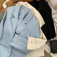 Blazer à manches longues pour femme, couleur unie, bleu, noir, mode coréenne, tendance, 2021