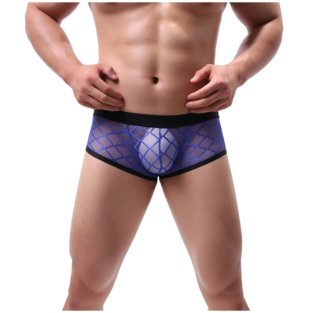 Men lingerie New High-Profile Low-Waist Sexy Underwear Rhombus Solid color Mesh Perspective boxer underpants секс sexoshop