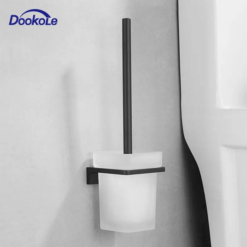 Bathroom Toilet Brush Holder Sets Wall Mounted, Toilet Brush Stand Toilet Bowl Brush with Frosted Glass Black