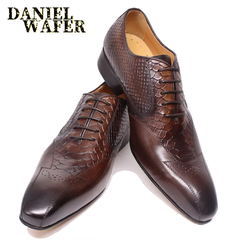 LUXURY MEN LEATHER SHOES SNAKE SKIN PRINTS BUSINESS WEDDING CLASSIC STYLE BLACK COFFEE POINTED TOE LACE UP OXFORD SHOES FOR MEN