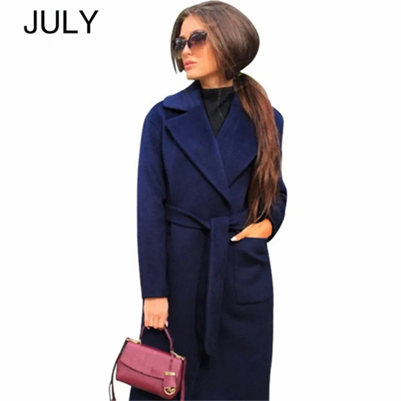 Navy Blue JULY элегантные длинные женские пальто с отворотом 2 кармана поясом однотонные куртки пальто женская верхняя одежда - Цвет: Navy Blue