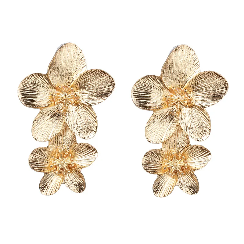 New Design Fashion Jewelry Elegant Big Double Flower Yellow Red Earrings Bohemian Style Beach Party Earring for Woman - Окраска металла: Gold