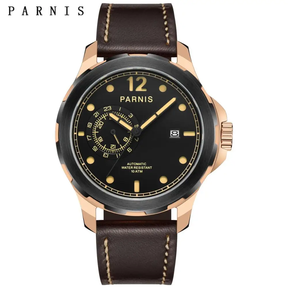 

Parnis 44mm Mens Watches Automatic Mechanical Luminous Waterproof Black Watch Men Calendar 2019 Gift for Man relojes hombre 2019