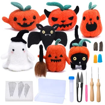

LMDZ Needle Felting Starter Kit with 7 Pcs Photo Instructions,Pumpkin,Black Cat,Black Bat and Halloween Ghost for Doll Making