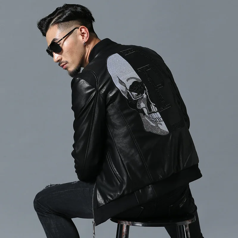 2018 Skull Rhinestones PU Jackets Men High Street Style Stand-Neck Sudaderas Hombre Rib Sleeve Streetwear Mens Jackets and Coats 2018 Skull Rhinestones PU Jackets Men High Street Style Stand-Neck Sudaderas Hombre Rib Sleeve Streetwear Mens Jackets and Coats
