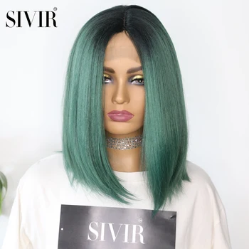 

Sivir Medium Transparent Synthetic Hair Lace Front Wig High Temperature Fiber Yaki Straight Short Bob Blunt Lace Wig Middle Part