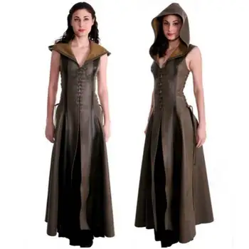 Vestido largo Medieval de piel con cordones para Mujer, moda Sexy, ajustado, Cosplay, Disfraz Mujer, Halloween