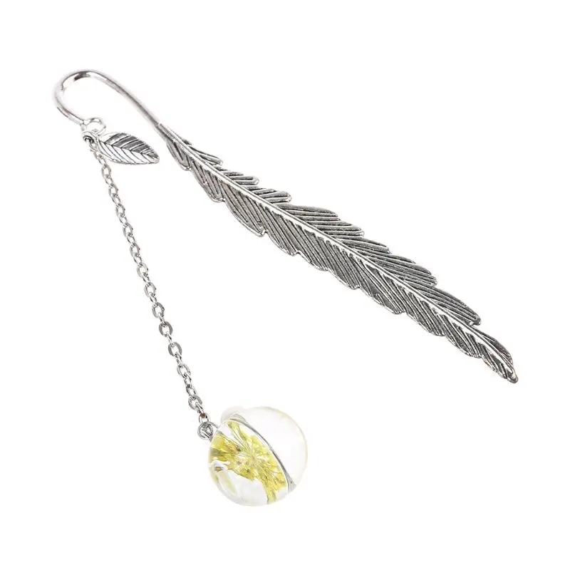 Цвет: желтый Retro Vintage Bookmark Feather Dried Flower Gypsophila Specimen Creative Metal Bookmarks Stationery Gift LX9A - Цвет: Цвет: желтый