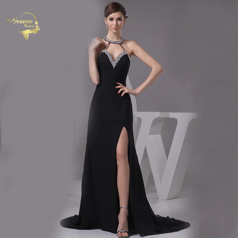 

Fashion Sexy Vestido De Festa Halter Heart Evening Dresses 2018 Black Chiffon Open Leg Prom Robe De Soiree Lady Dress OL5207