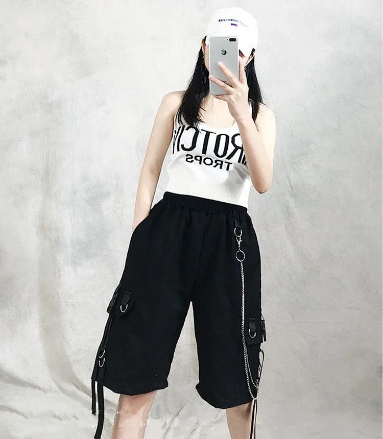 running shorts Summer Women Cargo Shorts Female Loose Straight Casual Short Pants Fashion Elastic Waist Handsome Chain Knee Length Shorts dickies shorts