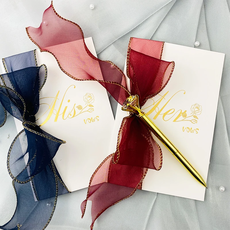

2pcs Wedding Vows Card Favors Oath Book with Silk Ribbon Pen Pink Bride and Groom Romantic Love Party Rustic Marriage Decoration