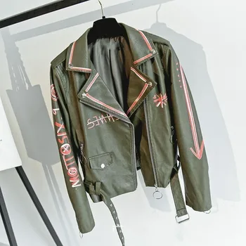 

Slim Fit Moto Biker Printed Womens Faux Leather Jackets Long Sleeve Zipper Fly Fashion Streewear Spring Female PU Leather Coats