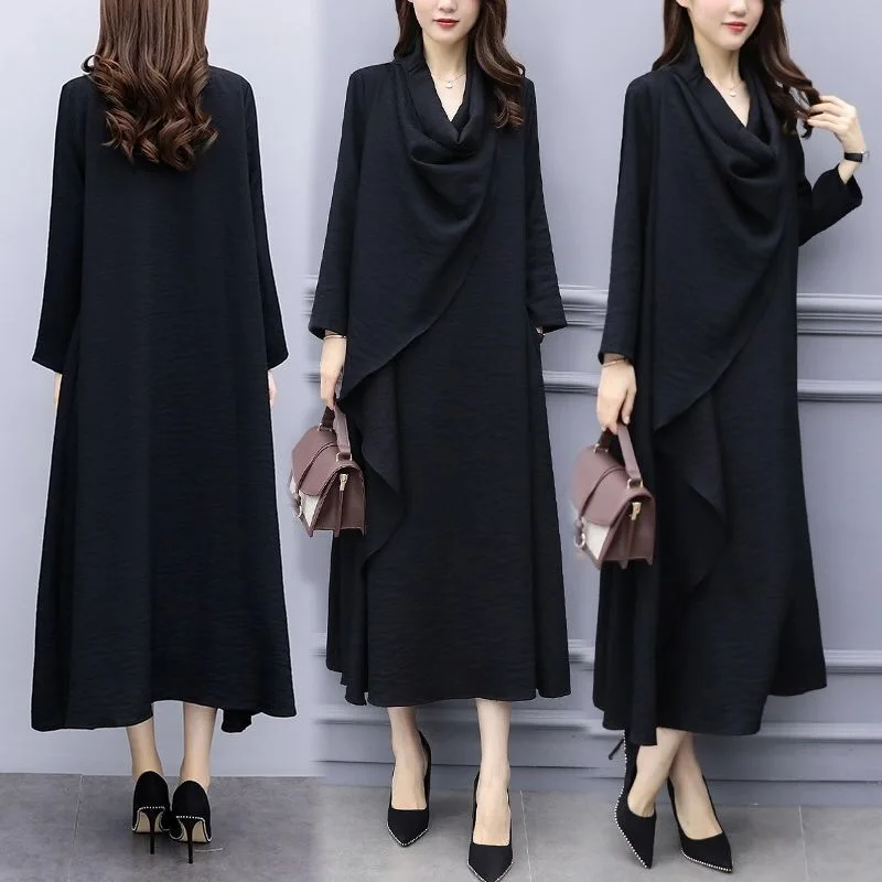 

2019 Spring New Style Large Size Dress Loose-Fit Blouse Dress Black with Thin Look Long Sleeve Heap Collar Long Skirts Hot Selli