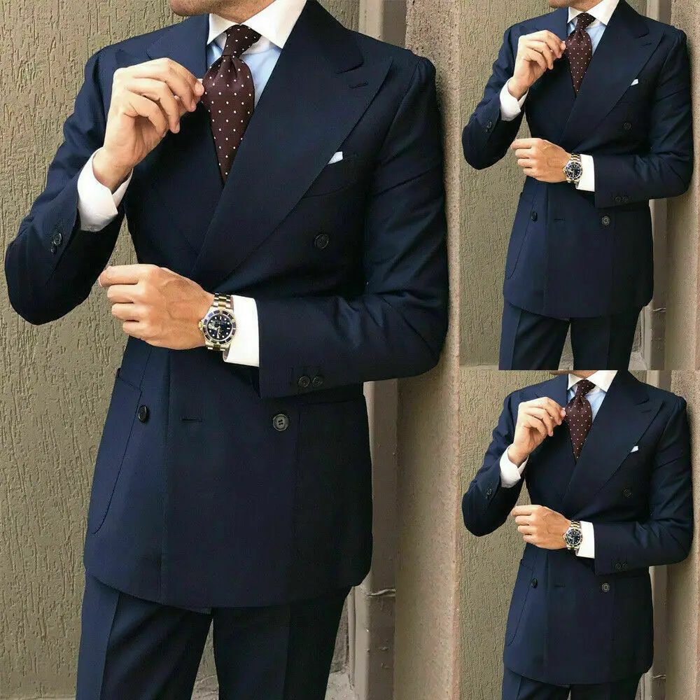 Suits Tuxedos Wedding Peak Navy-Blue Groom Jacket--Pants Party Wide-Lapel Formal Formal