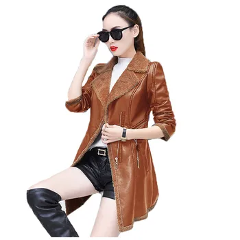 

faux leather coat women gray green khaki loose tops PU jacket 19 autumn winter new korean lapel fashion Plus velvet jacket LR540