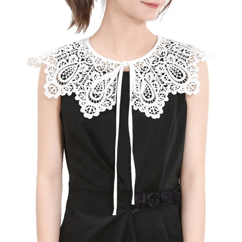 Vintage Palace Style Womens Doll False Fake Collar Hollow Out Crochet Lace Half Shirt Necklace Shawl with Imitation Pearl Bowtie |