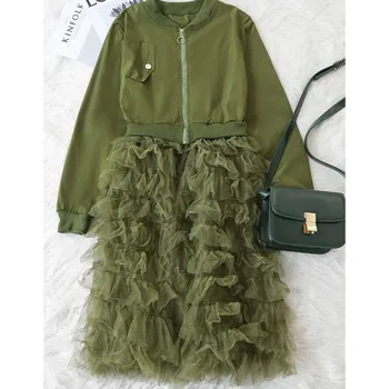 

Women Ruffled Sheer Patchwork Autumn Long Coat Long Sleeve Zippered Jacket Style Casual Streetwear Trench