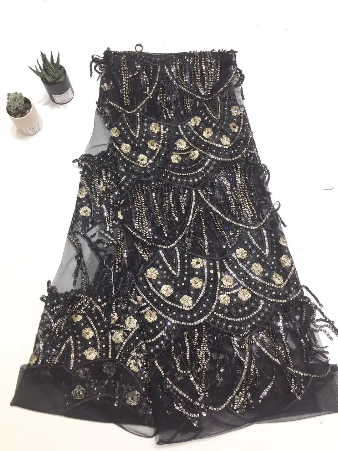 

Embroidered Mesh, Black Sequined Lace Fabric, French Wedding Lace Fabric FJ27811