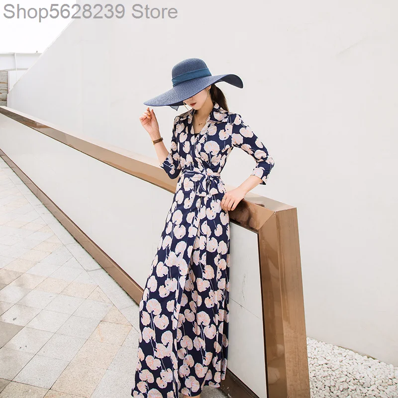 

Socialite Wind Long Skirt Knitting Dark Blue Bottom Wind Printing V Collar Lace Wrap Temperament Dress Female
