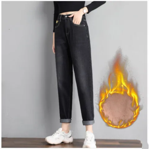 Black gray velvet Размера плюс 4XL джинсы для женщин в стиле бойфренд джинсы с высокой талией синие повседневные теплые бархатные шаровары уличные джинсовые штаны - Цвет: Black gray velvet