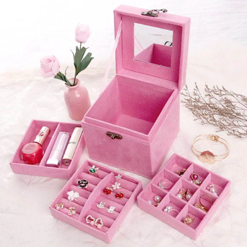 3-слойный шкатулка Макияж Организатор серьги кольцо коробка для хранения фланель Контейнер ювелирные изделия Дисплей стенд Портативный косметический Чехол