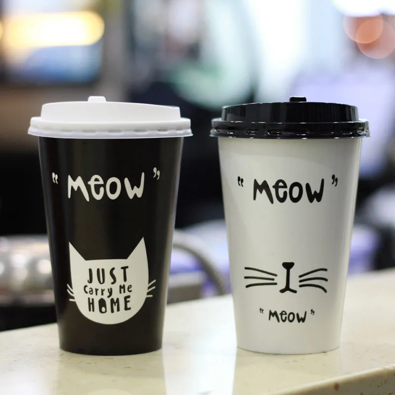 50 шт. креативная Милая бумажная чашка с рисунком кота из мультфильма одноразовая кофейная чашка для сока молока чайный напиток на вынос упаковка чашки с крышками