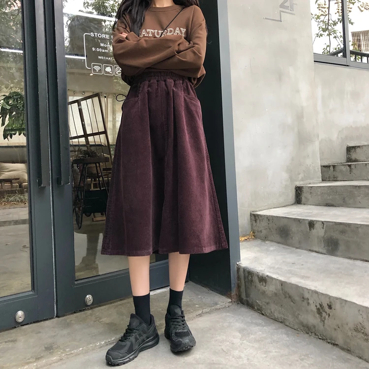 Mori Girl Осень Зима Высокая талия одноцветное Вельветовая юбка женская одежда Femme Элегантный Винтаж свободные карманы юбки K149