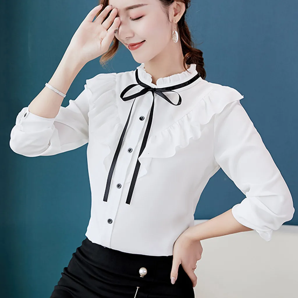 Women Blouse Neck Tie Work Office Long Sleeve Bow Tie Ruffles Solid Chiffon Blouse Plus Size Shirt Womens Tops And Blouses #20