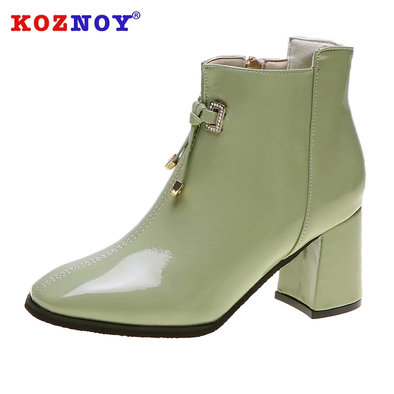 

Koznoy Women Boots Autumn Winter Dropshipping New Short Square Toe Solid Metal Decoration High Heel Leisure Female Ankle Boots