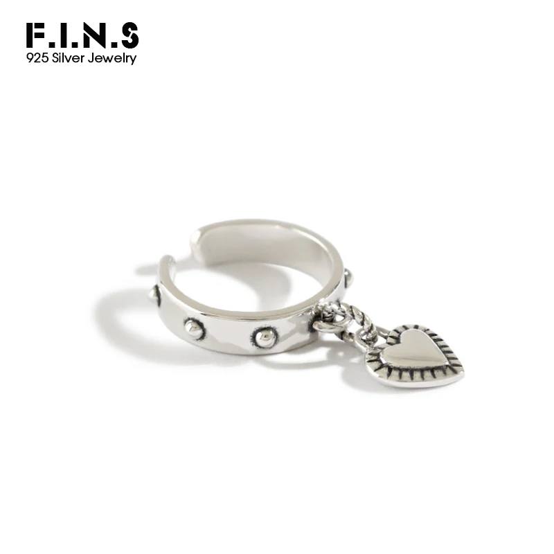 

F.I.N.S Korean Authentic 925 Sterling Silver Ring Retro Vintage Heart-Shaped Tag Pendant Wedding Rings Korean Style Jewelry
