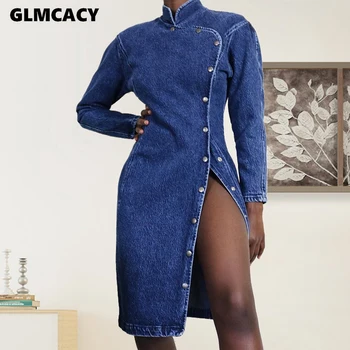

Women Long Sleeve Button High Slit Denim Dress Spring Fall Solid Blue Knee-Length Chic Plus Size Dresses