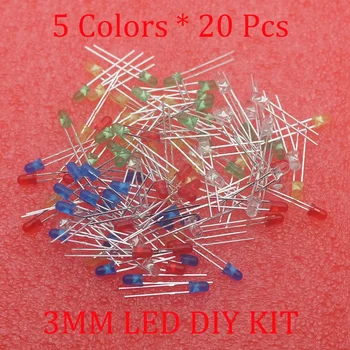 

Free shipping 100pcs 3mm LED Light White Yellow Red Green Blue Assorted Kit DIY LEDs Set electronic diy kit