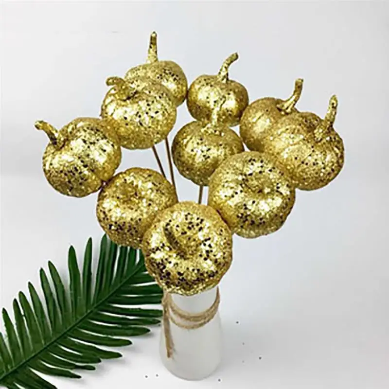 New 12pcs Glitter Golden Mini Artificial Pumpkins Foam Pumpkins Small Pumpkins Fake Foam Halloween Decorative Pumpkins