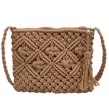 

Women'S Single Shoulder Bag All-Match Summer Bag Paper Rope Hook Woven Bags Bamboo Tassel Beach Handbag Khaki