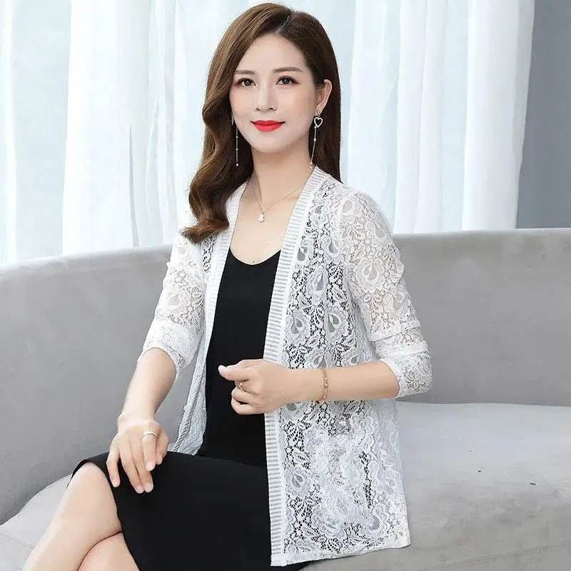 Women Summer Elegant Thin Fashion Chic Long Sleeve Lace Open Stitch Crochet Outerwear Female Casual Hollow Out Shawl Party Tops