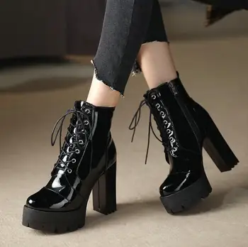 

2020 Women Platform Chunky Heeled Bootie Women Shoes Patent Leathe Ankle Boots Round Toe Lace-up Chunky Thick Heels Ladies Shoes