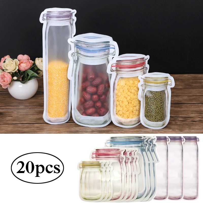 

Reusable Food Storage Bags Mason Jar Bottles Bag Kitchen Organizer Nuts Candy Cookies Snack Ziplock Seal Food Saver Storage Bags