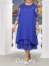A-Line Mother of the Bride Dress Plus Size Jewel Neck Tea-Length Chiffon Lace 3/4 Length Sleeve with Tier Appliques 2021