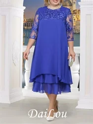 A-Line Mother of the Bride Dress Plus Size Jewel Neck Tea-Length Chiffon Lace 3/4 Length Sleeve with Tier Appliques 2021
