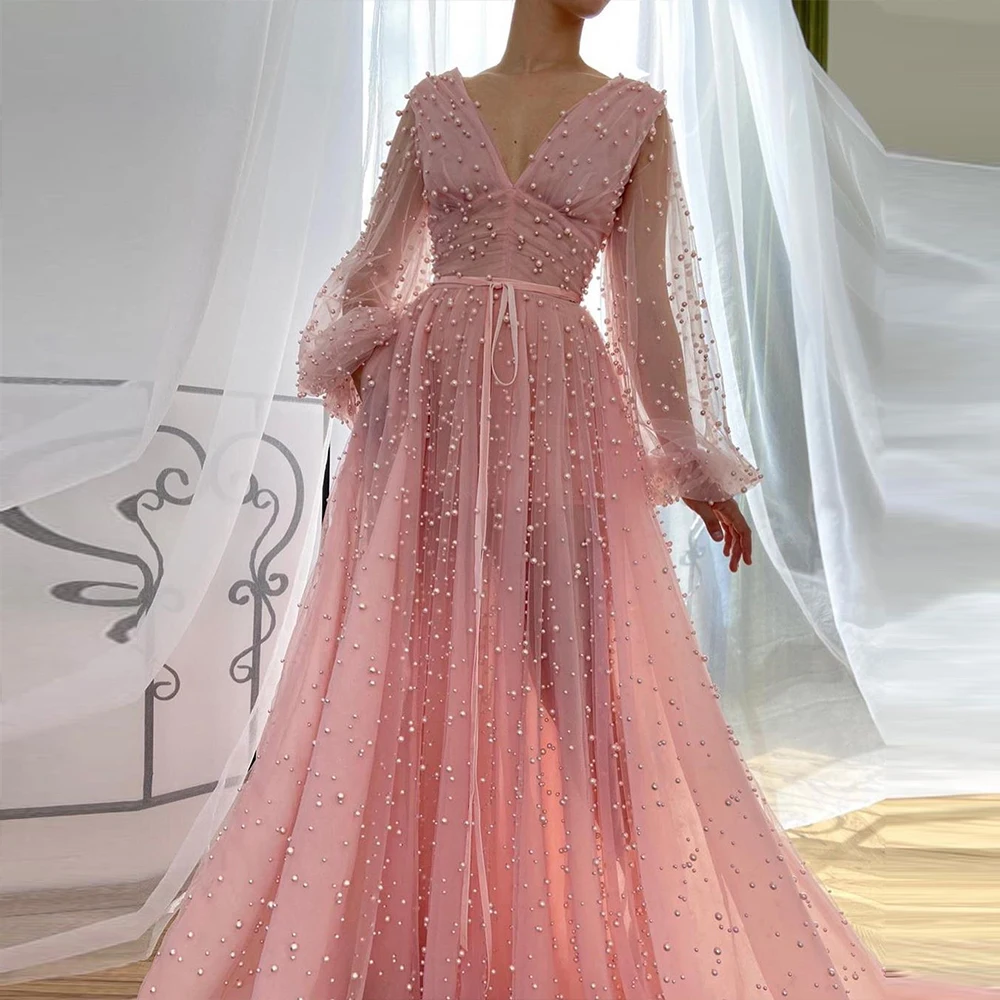 

Elegant Prom Dresses 2024 Pink Tulle V-Neck A-Line Long Evening Dresses Pearl vestidos do baile de finalistas Formal Party Gown